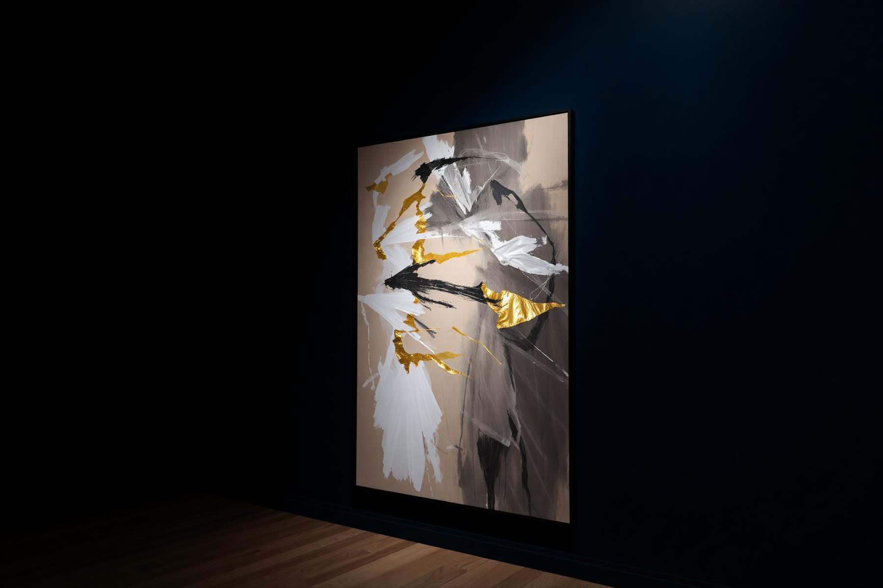 Featured Luxicon artwork lit by a single gallery spotlight